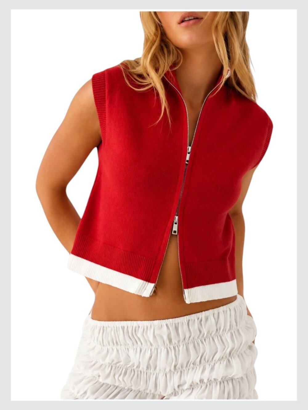 Peppermayo Janey Zip Knit Vest Red White Cropped Sleeveless S/M